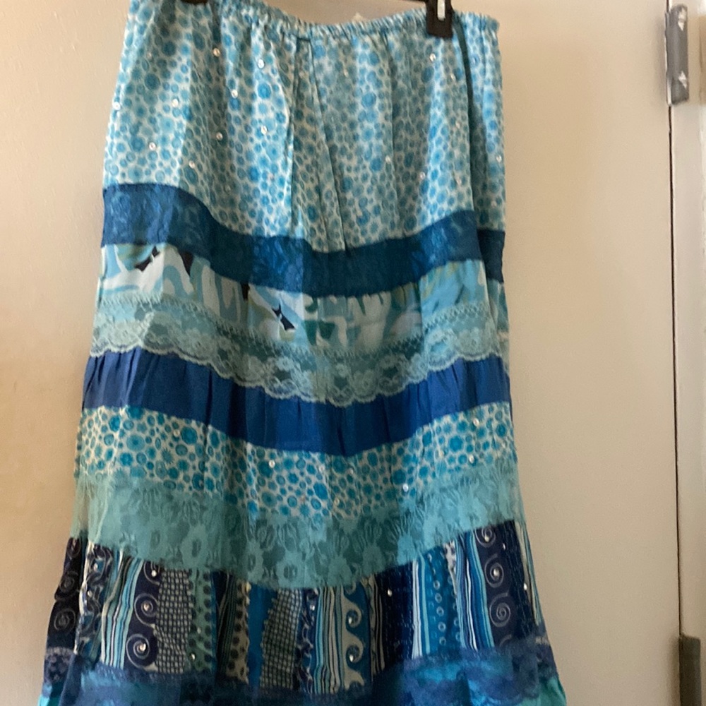 Women summer skirt with multi colors of blue and lace brand new ankle length